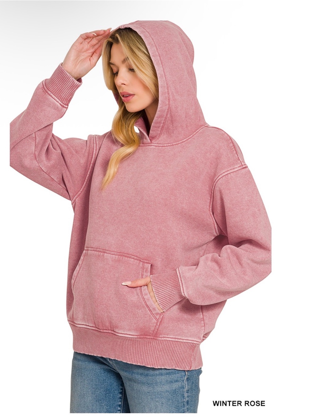 Zenana Outfitters Washed Rose Pullover Hoodie - Winter Rose